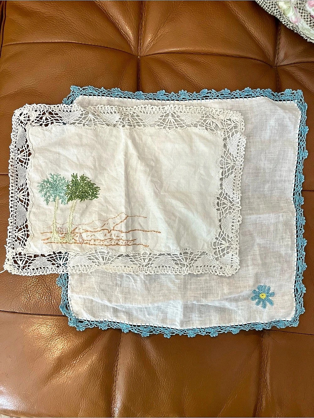 Two Vintage Embroidered Lace Linens in White & Blue